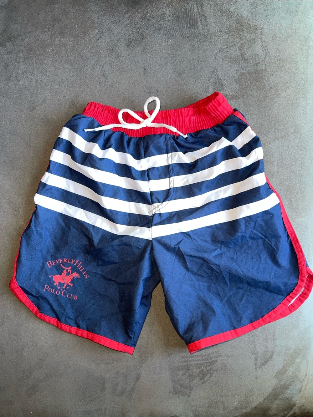 Beverly Hills Polo Club Navy, White & Red Striped Swim Trunks